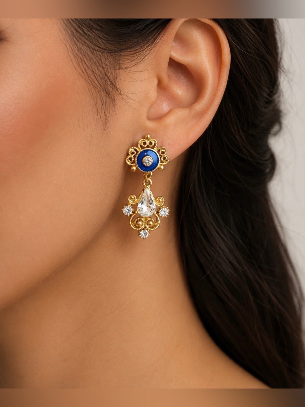 Florenza Vintage Clip-On Earrings Gold-Tone Blue Enamel Crystal Drop 1.5"